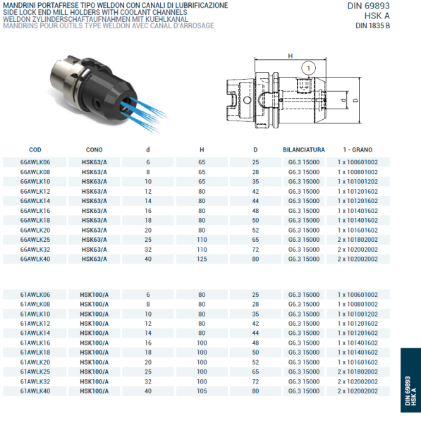 Оправка HSK63/A DIN69893 WELDON/C H65 D.10 coolant