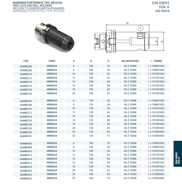 Оправка HSK63/A DIN69893 WELDON H100 D.12